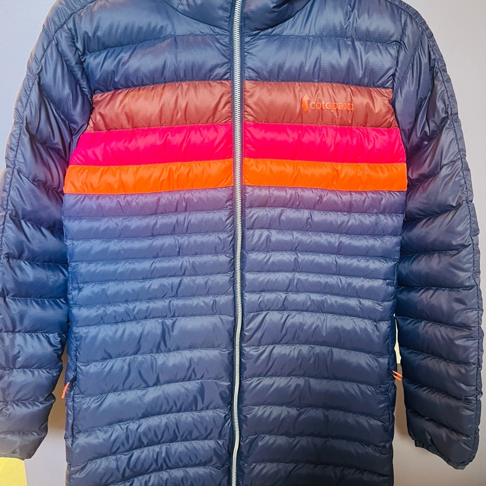 cotopaxi Fuego Down Parka - Navy Jacket with Pink/Orange Stripes. Women’s Large.